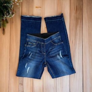 Coco + Carmen Pull On Dark Wash Distressed Bootcut Blue Jeans Frayed Hem Size S